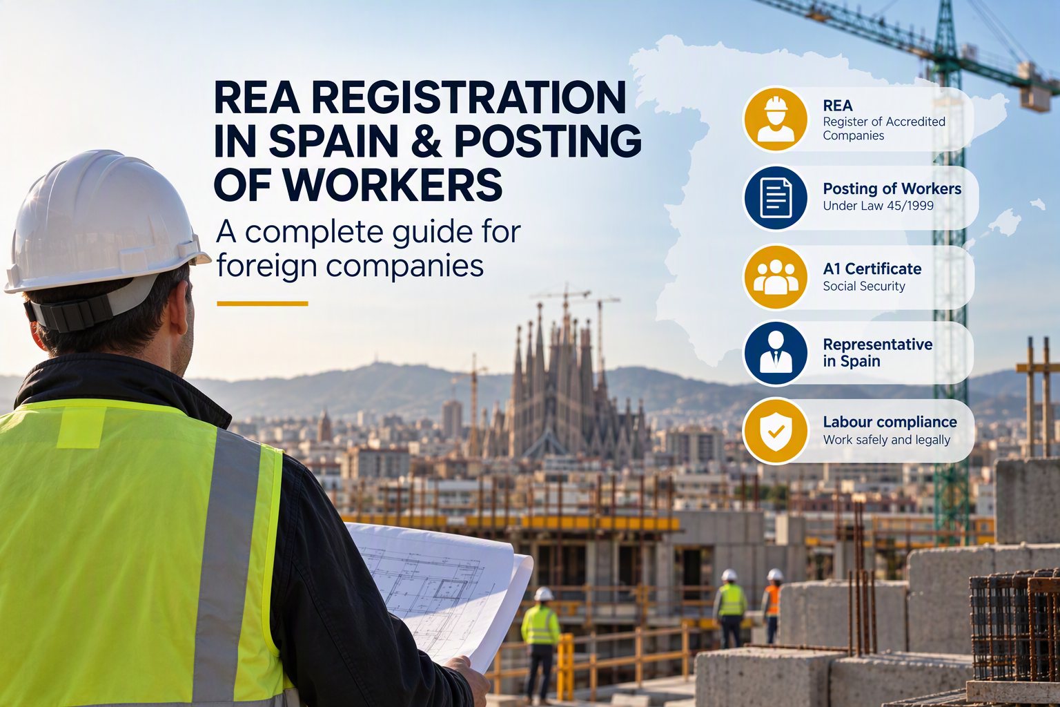 Site manager reviewing plans on a construction site in Barcelona, with a summary of the REA and posting of workers requirements for foreign companies in Spain